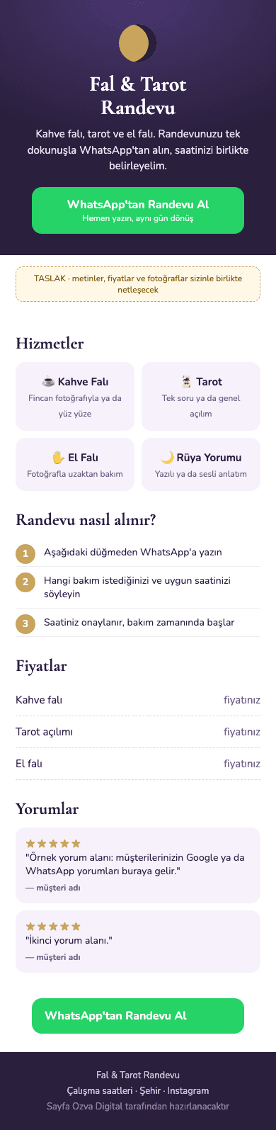 Fal ve tarot randevu sayfası, Mobil ekran görüntüsü, taslak